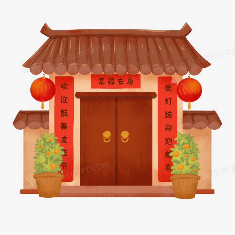 手绘新年贴春联的古代门面场景免抠素材