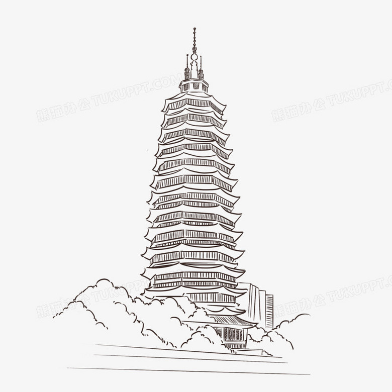 本作品全称为《简约手绘江苏常州天宁宝塔线稿元素,使用 adobe