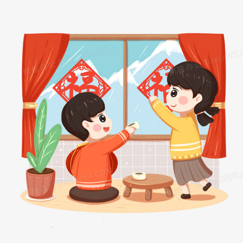 新年家人一起贴窗花人物场景元素