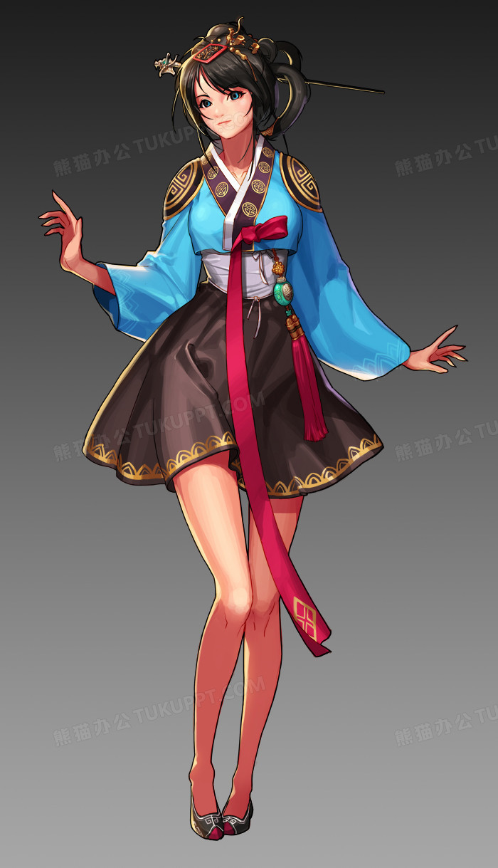 蓝色长袍女孩手绘