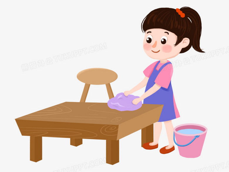 卡通手绘女孩擦桌子免抠场景素材