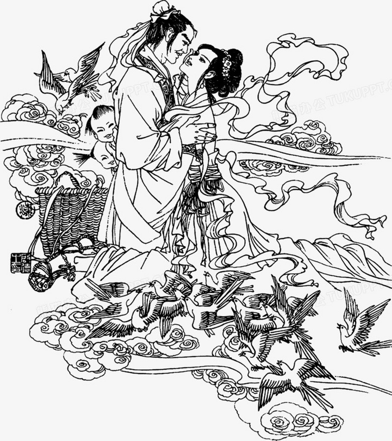 水墨鹊桥相会七夕情人节