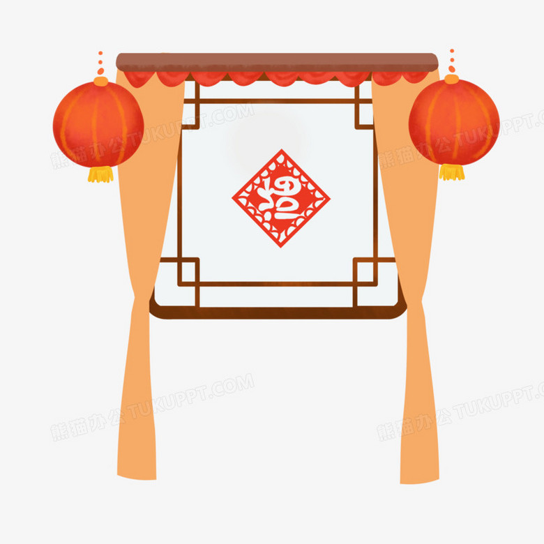 手绘新年张灯结彩的窗户场景插画