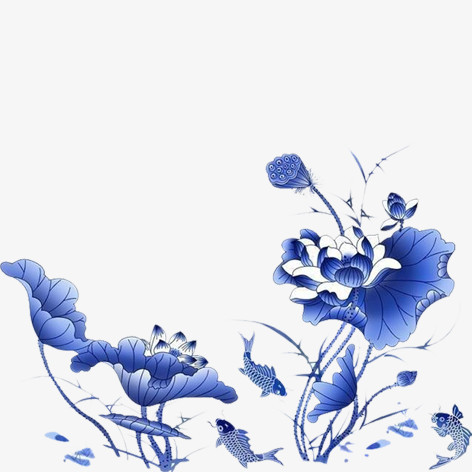 本作品全称为《蓝色中国风青花瓷图案荷花荷叶元素》,在整个配色上