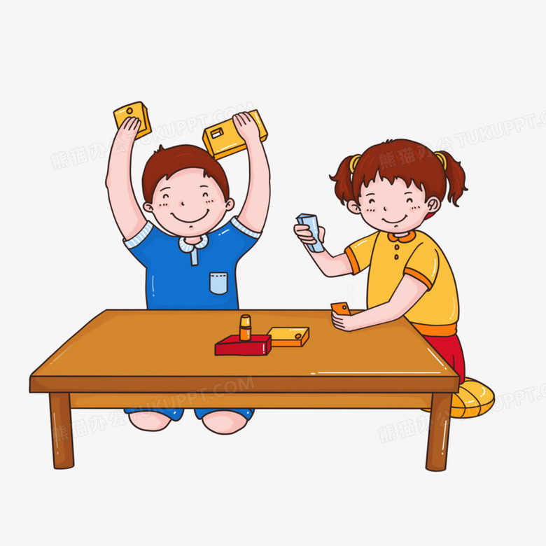 手绘卡通男孩女孩做手工积木的免抠元素