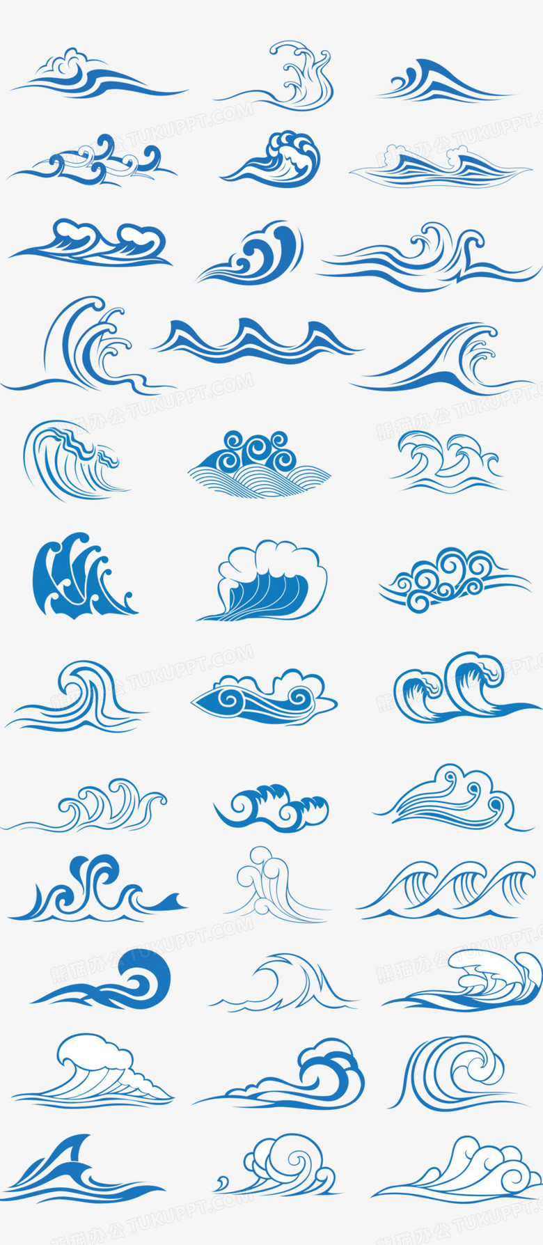 本作品全称为《蓝色手绘简约风线条海浪水波纹元素》,在整个配色上