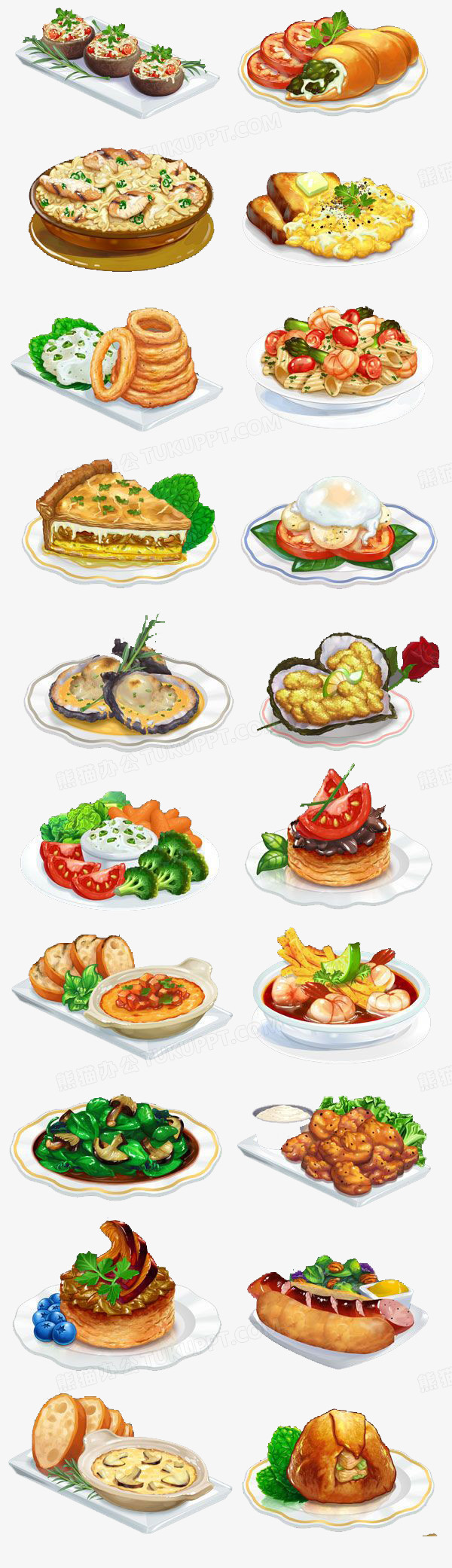本作品全称为《彩色卡通手绘多样美食创意元素》,在整个配色上使用多