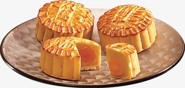 盘子中的切开蛋黄月饼中秋