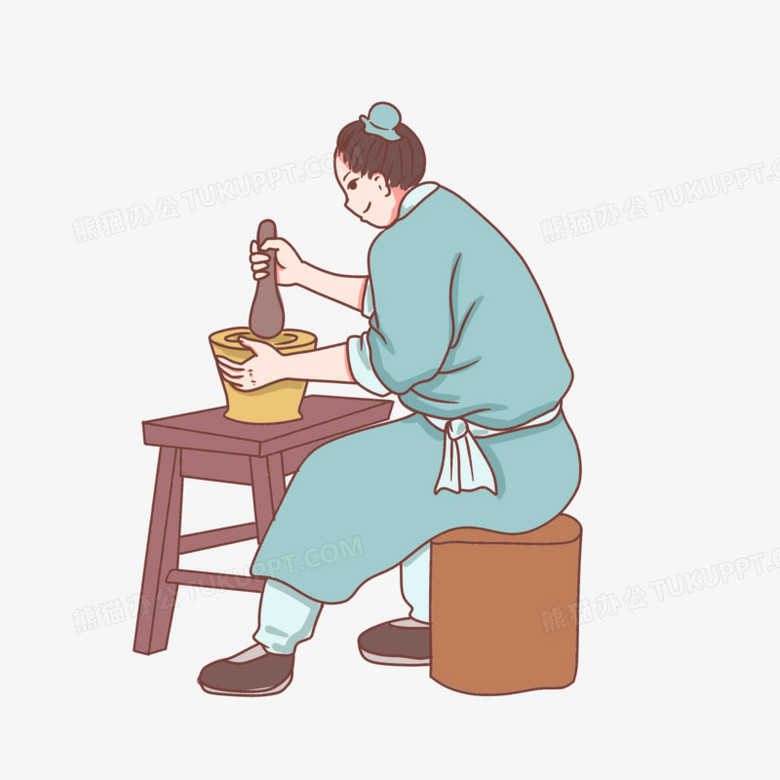 手绘传统中医人物捣药素材