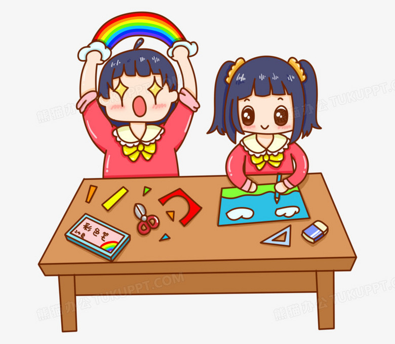 卡通小女孩上手工课做手工免抠元素
