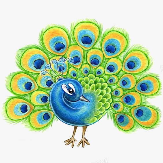 本作品全称为《卡通风彩色孔雀开屏创意元素》,在整个配色上使用彩色