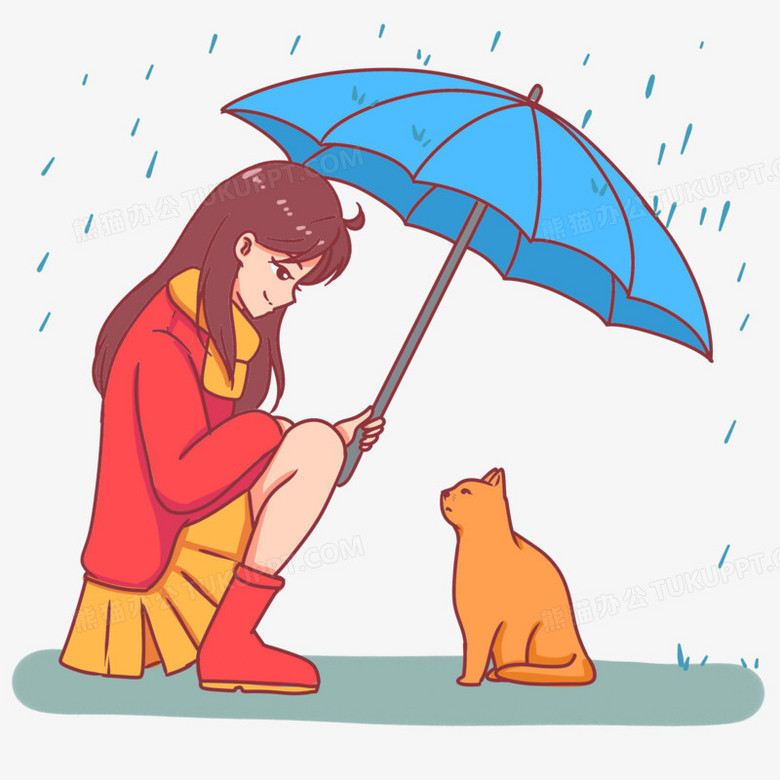 手绘雨季少女给猫咪撑伞场景png图片素材免费下载 素材png 3000 3000像素 熊猫办公