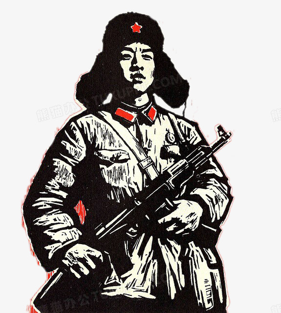 本作品全称为《黑红色水彩风手持枪支义愤填膺的战士雷锋元素》,使用