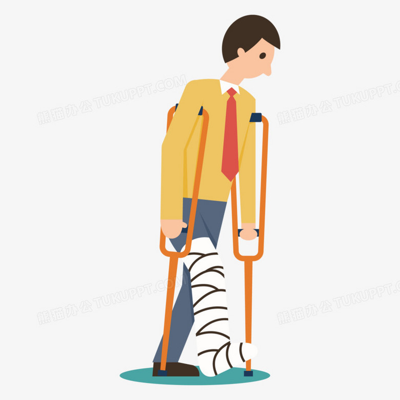 扁平卡通男士骨折绑石膏拄拐杖免抠矢量元素