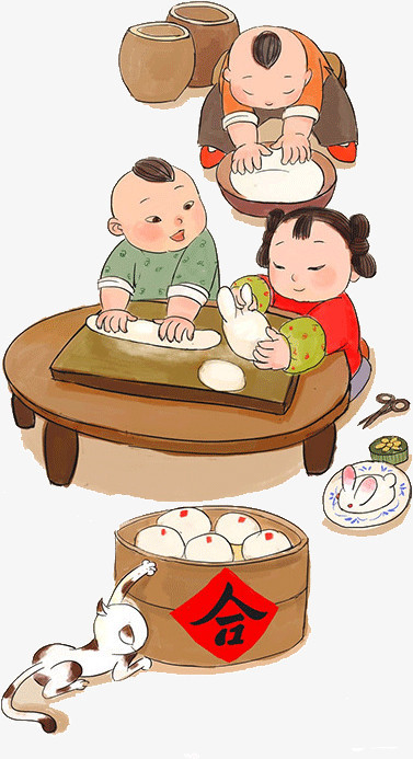 在整个配色上使用彩色作为基础色调,设计了人物,和面,馒头等元素,卡通