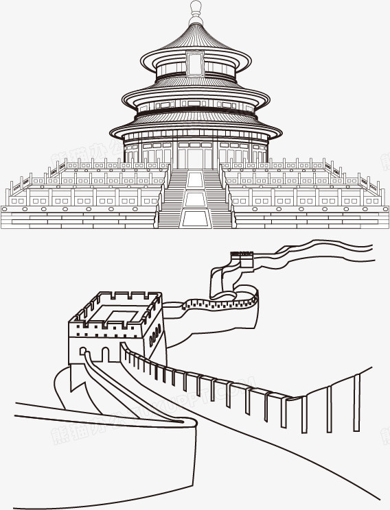 本作品全称为《灰色简约风手画古建筑天坛和长城元素》,使用adobe