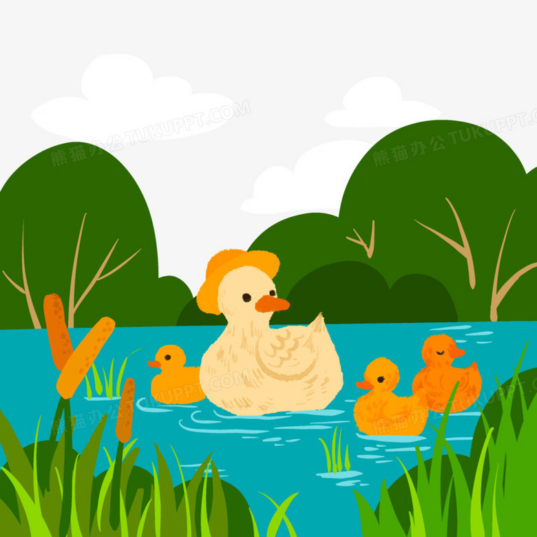 手绘卡通鸭子在池塘游泳元素