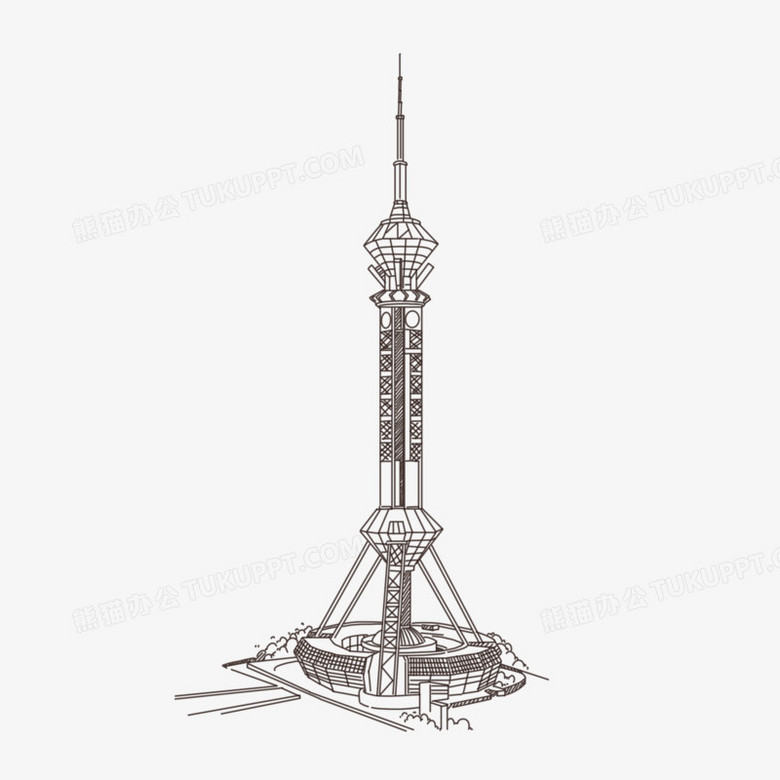 手绘线稿石家庄电视塔免抠装饰元素
