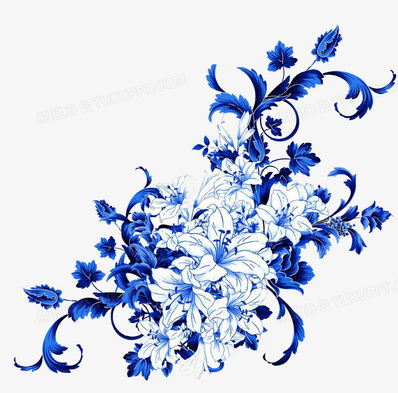 本作品全称为《蓝色简约风美丽的渐变青花瓷花纹元素》,在整个配色上