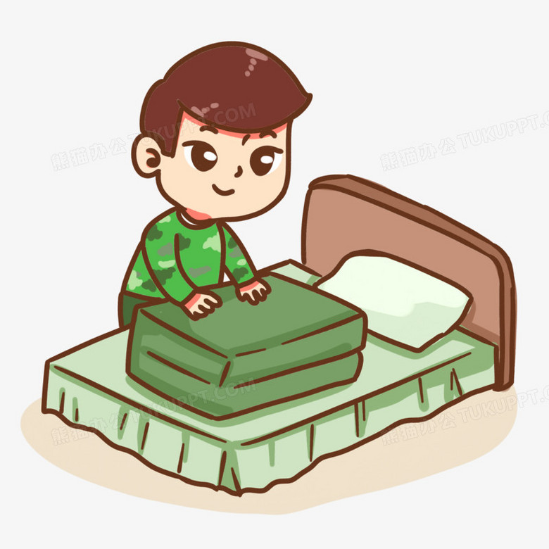 本作品全称为《卡通风参加冬令营叠被子的男生元素》,使用 adobe