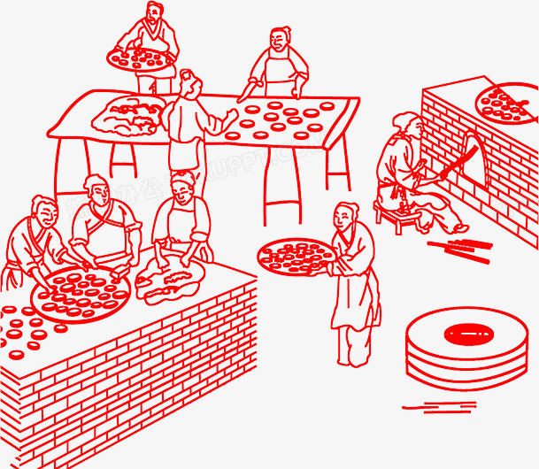 本作品全称为《红色中国风古代手艺食品小作坊元素》,在整个配色上