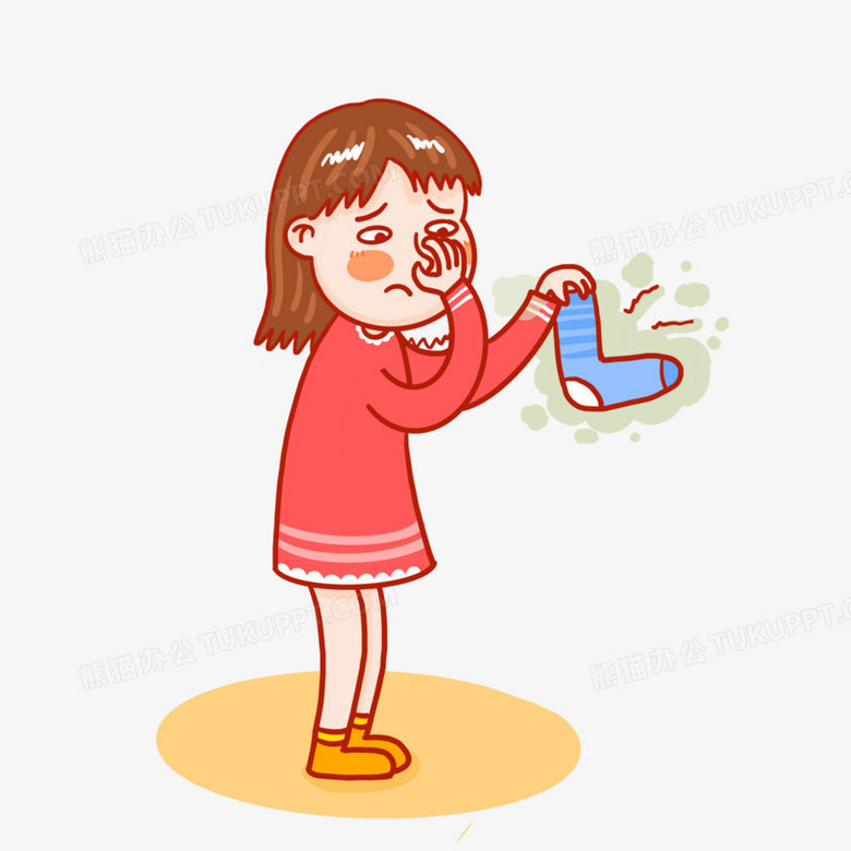 手绘女孩拿着臭袜子掩鼻插画元素