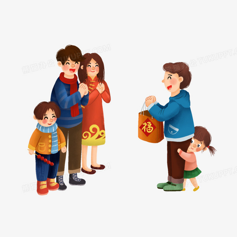 手绘插画风新年走亲访友场景免抠元素