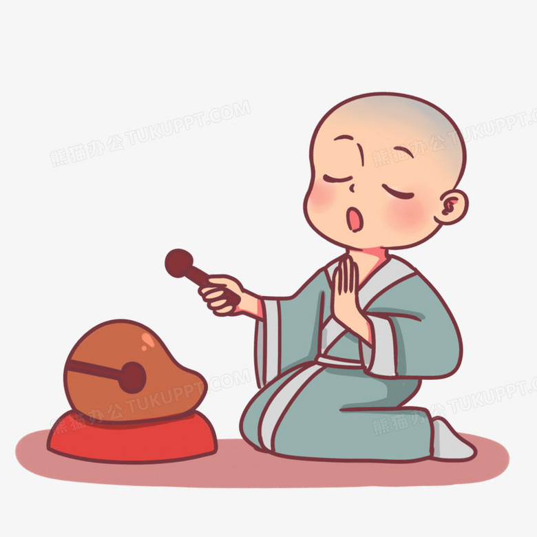 手绘卡通可爱敲木鱼念经小和尚素材