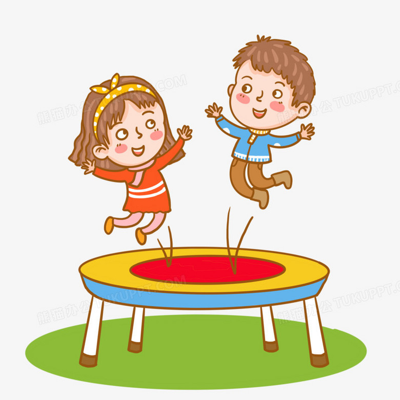 手绘卡通玩蹦床的小孩插画元素