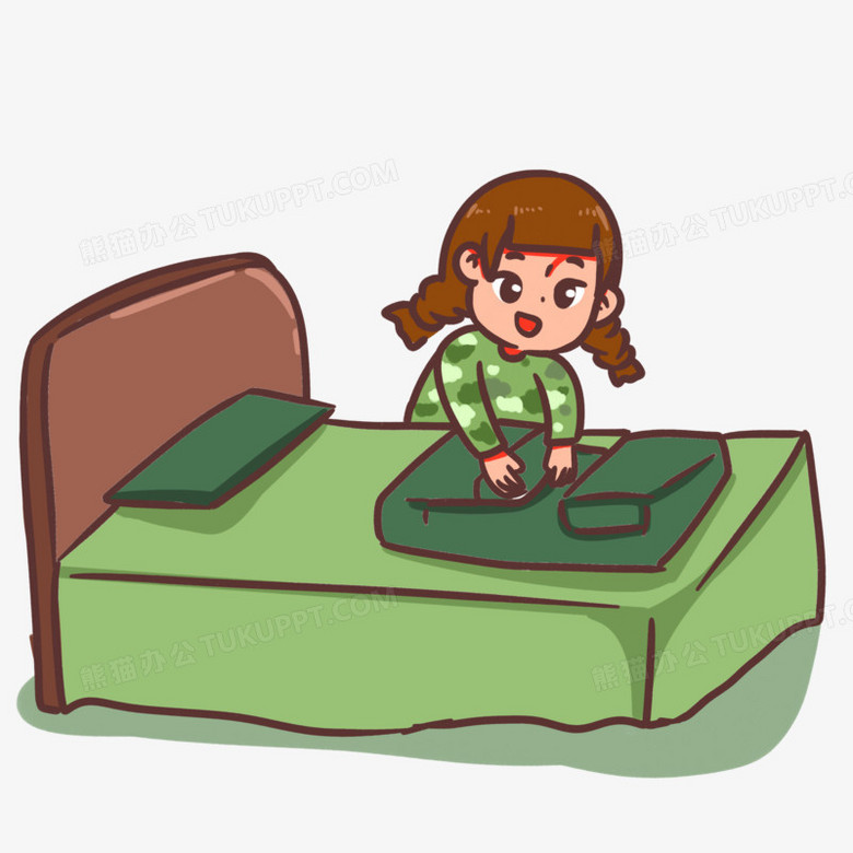 卡通手绘女孩冬令营叠被子场景素材