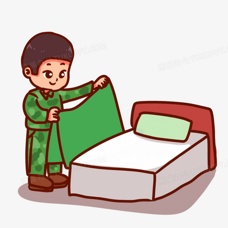 手绘卡通男孩冬令营叠被子场景素材