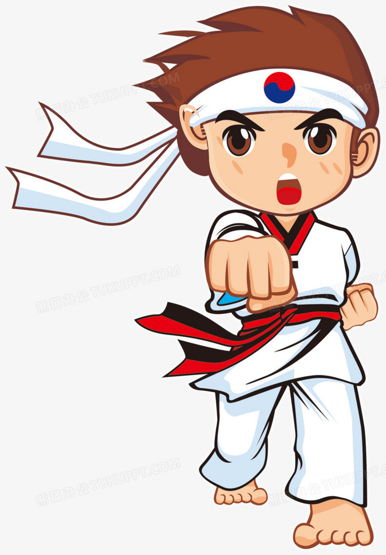 本作品全称为《彩色卡通手绘跆拳道运动员创意元素》,在整个配色上