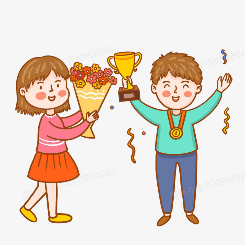 手绘卡通男生获奖女生献花插画元素