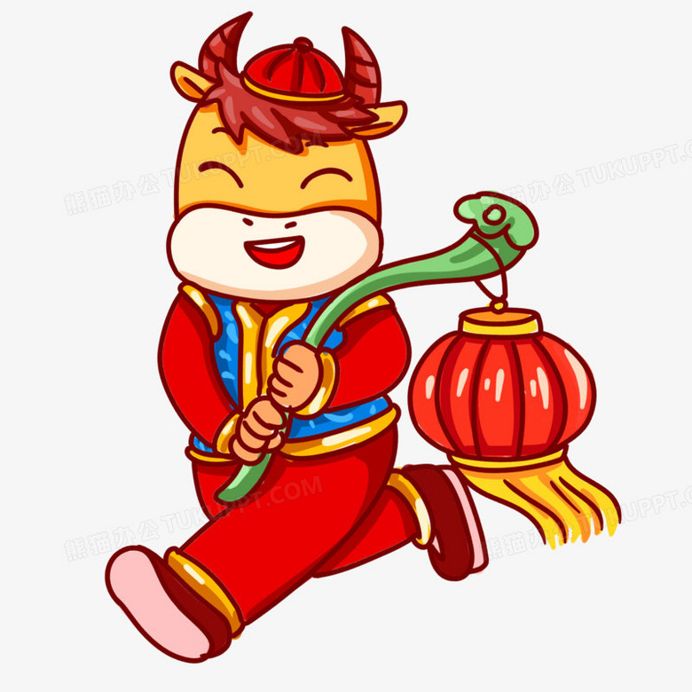 卡通手绘国潮小牛提灯笼场景素材