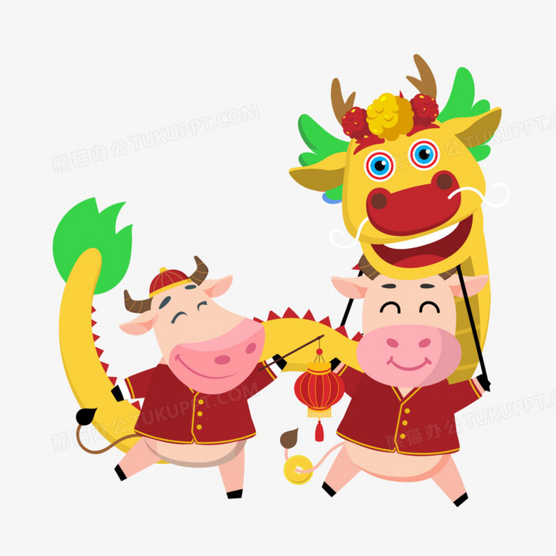 卡通手绘牛年春节小牛舞龙元素