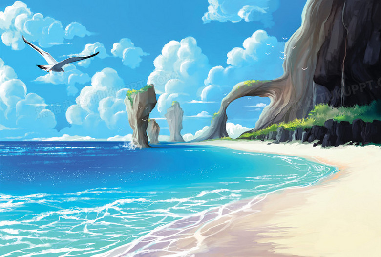 手绘沙滩海水蓝天