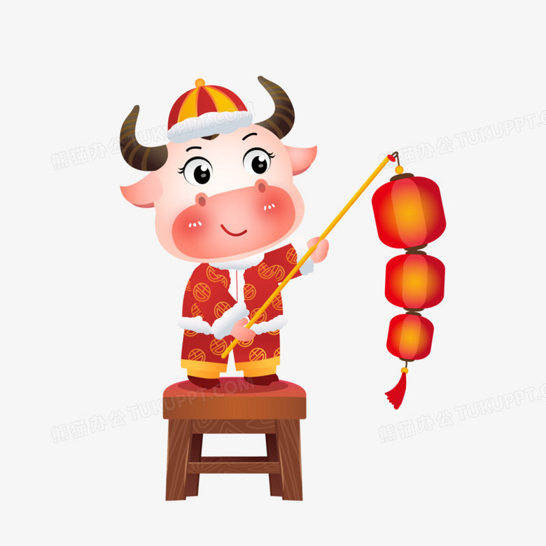 卡通手绘新年牛举灯笼免抠元素
