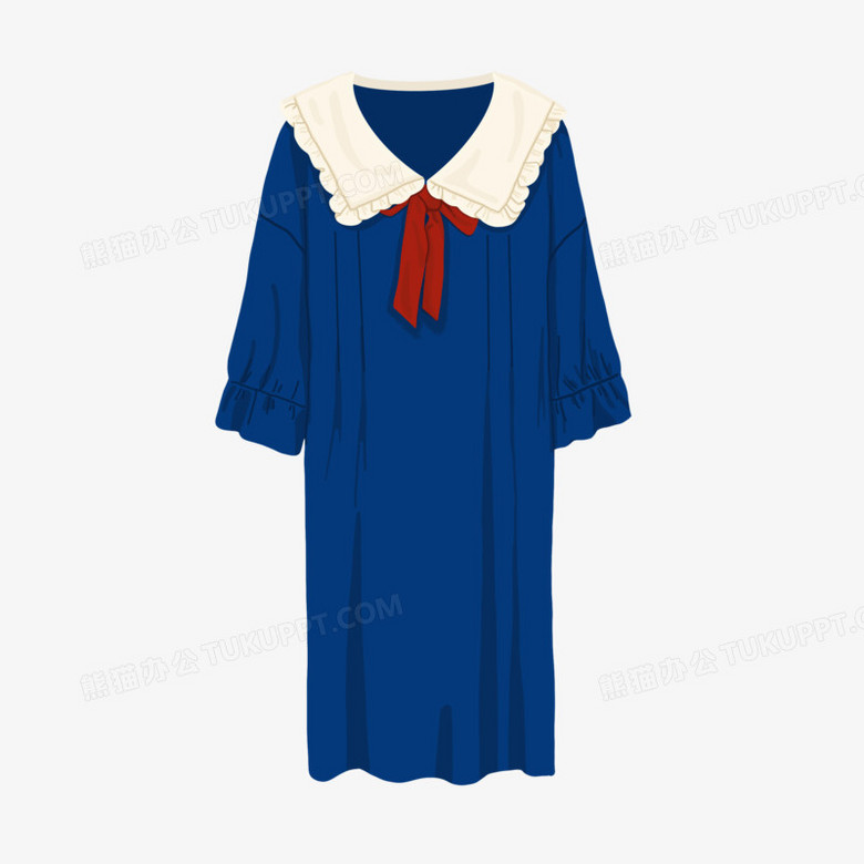 卡通手绘深蓝色花边蝴蝶结睡裙连衣裙素材