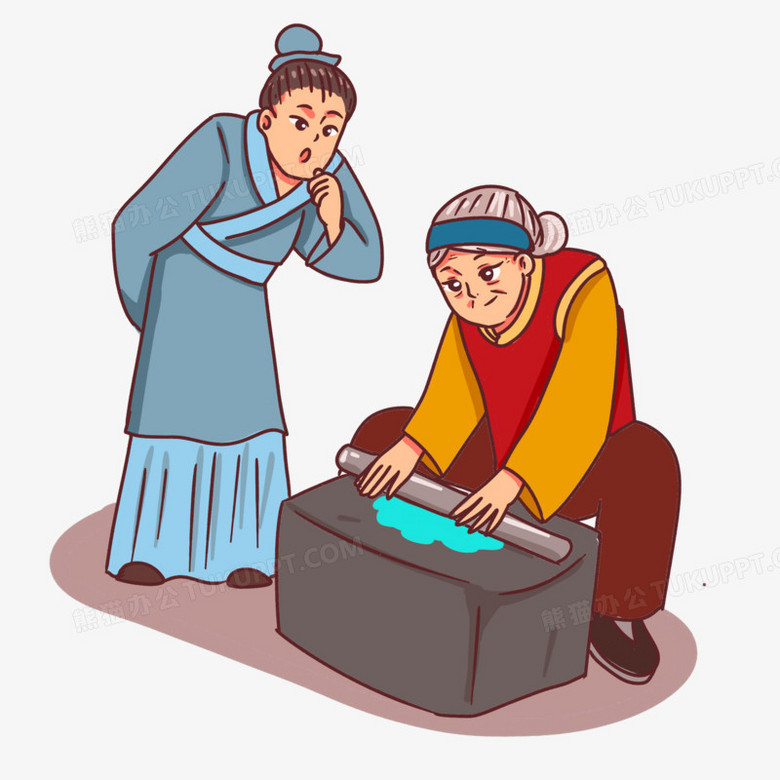 卡通手绘成语故事铁杵磨针场景素材