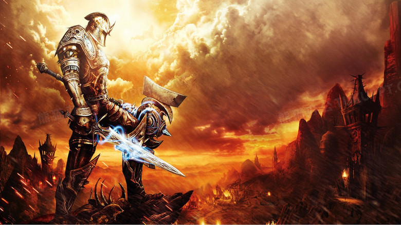 红色废墟上的骑士海报背景