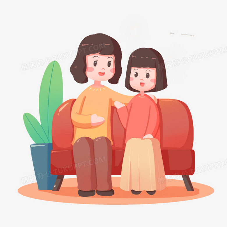 卡通手绘母女谈心场景元素