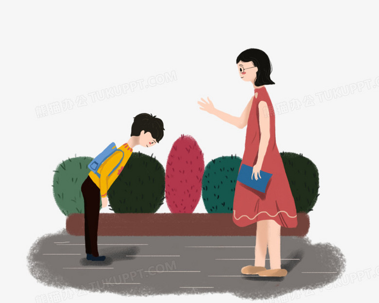 卡通手绘学生鞠躬问老师好免抠素材