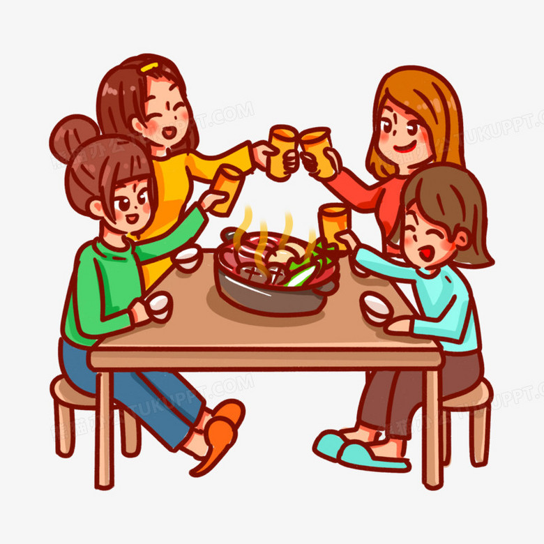 卡通手绘闺蜜姐妹一起吃火锅素材