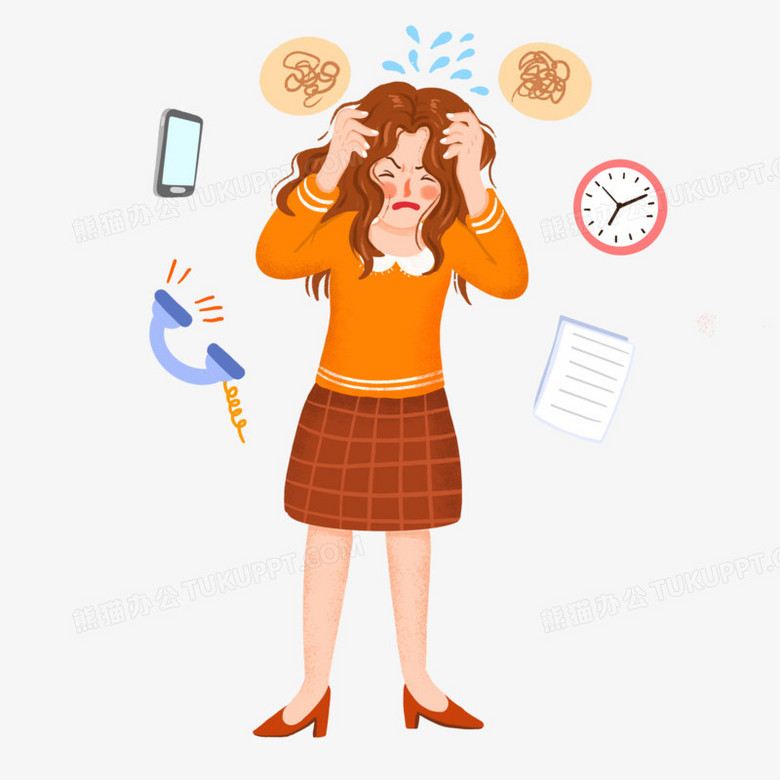 手绘卡通女白领被工作烦恼免抠元素