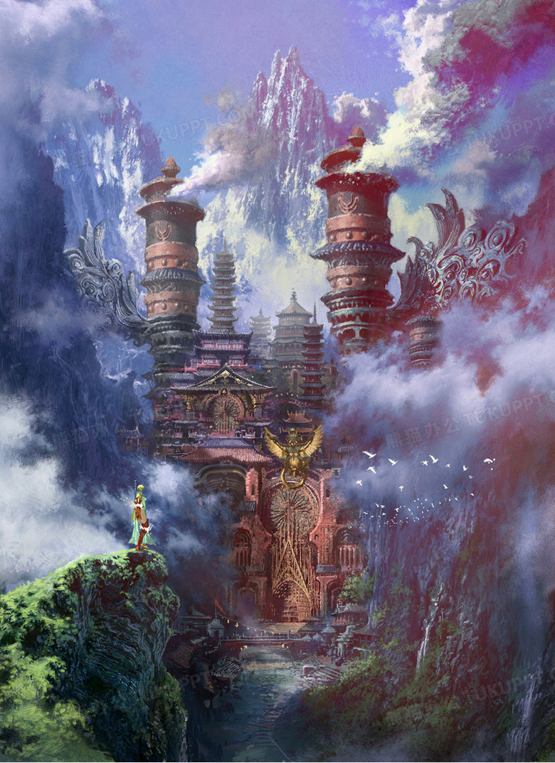 游戏场景古老建筑风格云朵环绕