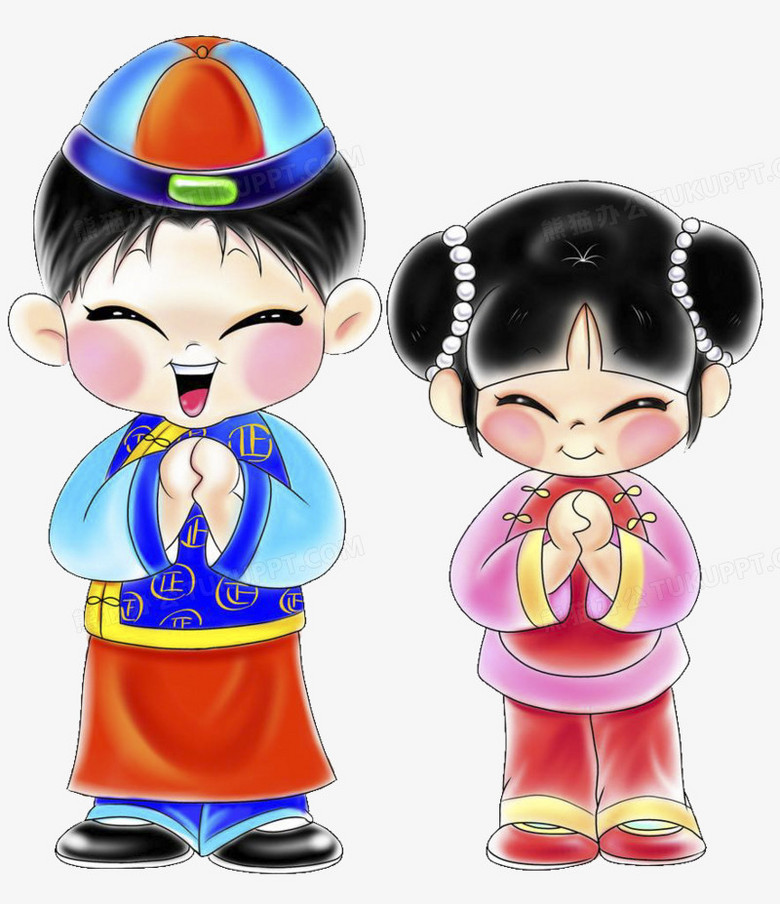 双手抱拳的两个娃娃