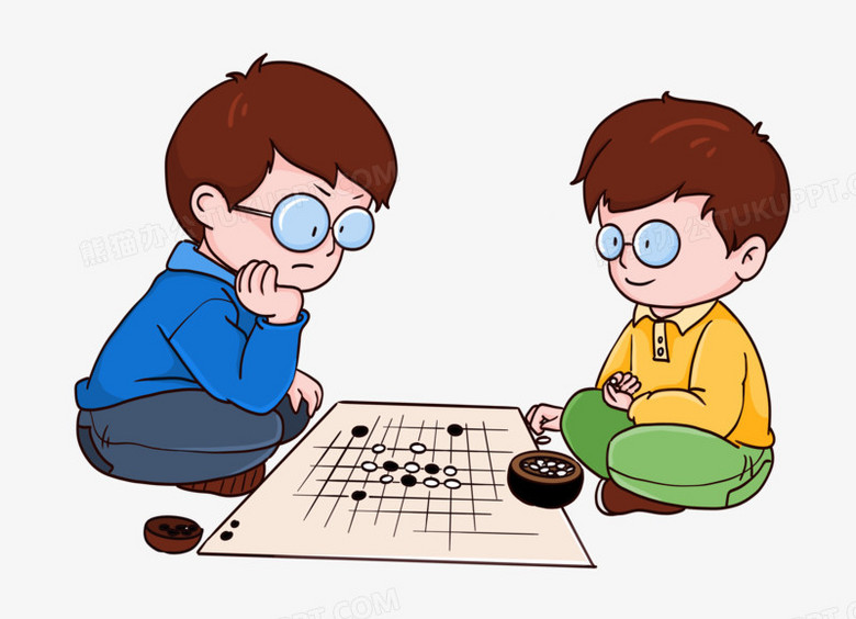 手绘做着下围棋的少年免抠元素