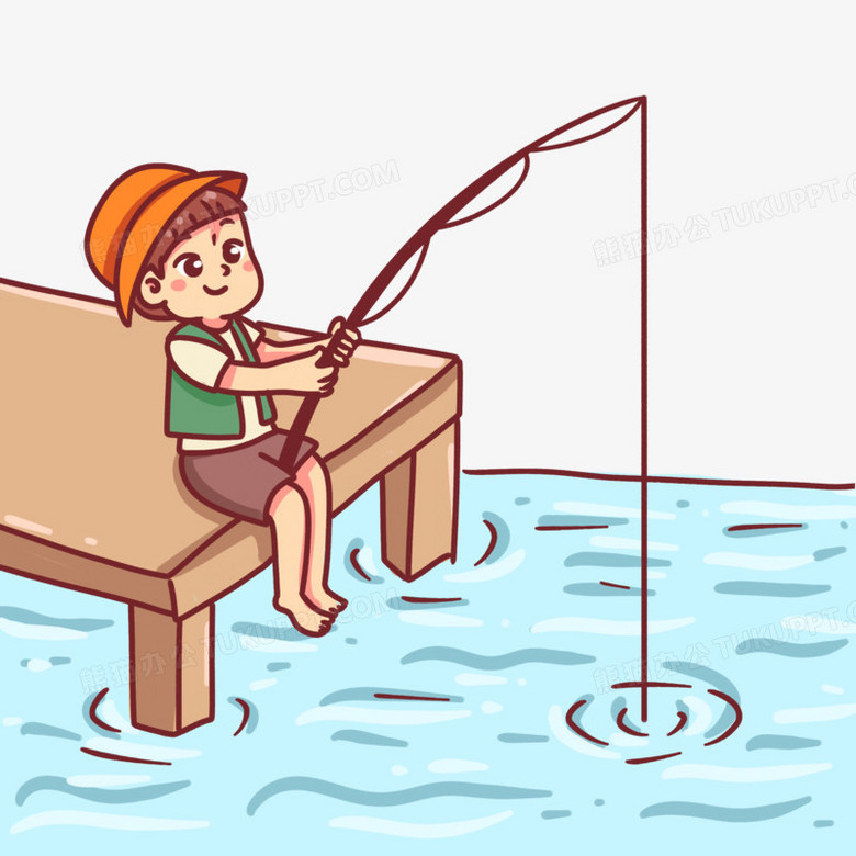 卡通手绘河边钓鱼场景素材