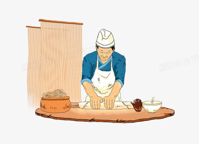 本作品全称为《彩色卡通手绘手擀挂面创意元素》,在整个配色上使用