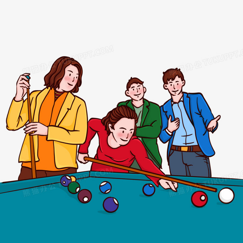 手绘卡通女生打台球桌球场景免抠元素